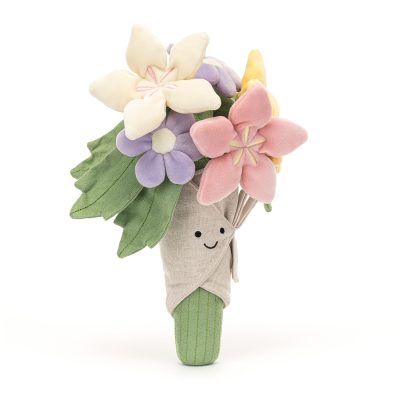 Jellycat Amuseable Bouquet of Flowers pink white and yellow in green bouquet side view