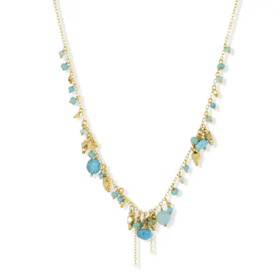 Ashiana Olive Necklace in Turquoise: Gemstone beaded charm necklace with turquoise and apatite on white background