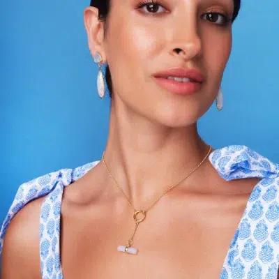 Ashiana London Greta White Chalcedony Necklace: White Chalcedony gemstone bar pendant necklace photographed on model
