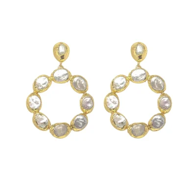 Ashiana Wanda Pearl Earrings: Statement gold and freshwater pearl hoop earrings on white background