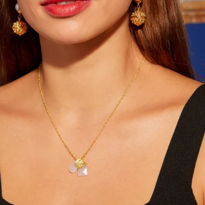 Ashiana Vittoria Short charm necklace with semi-precious white chalcedony stones and gold coin on model