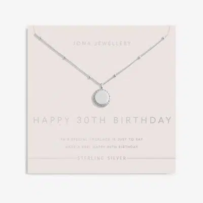 Joma Jewellery Sterling Silver 'Happy 30th Birthday' Necklace on poem card