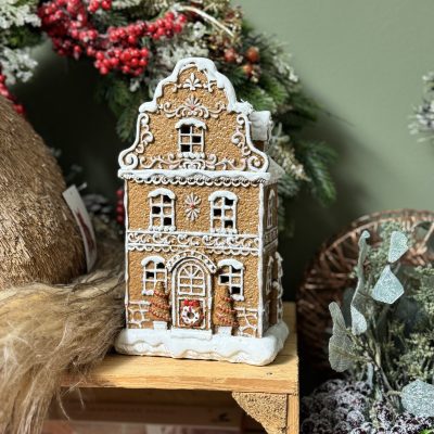 Gisela Graham Resin Orn 21cm - LED White Iced Gingerbread Townhouse