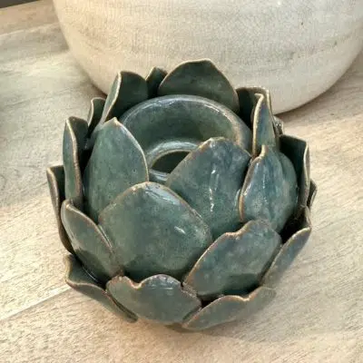 Blue Green Lotus Small Candleholder Reactive Glaze lifestyle