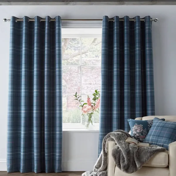Laura Ashley Alfriston Check Dark Seaspray Blackout Curtains - Clearance