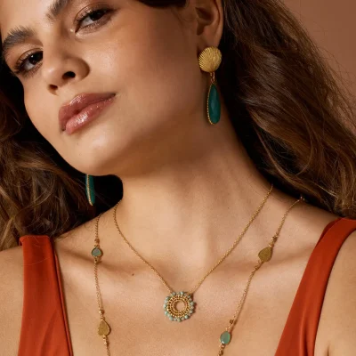 Ashiana Nelly necklace on brown haired model at Maison White