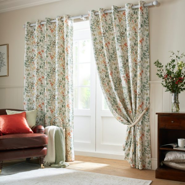 Laura Ashley Old Castle Leaves Fern Green Readymade Eylet Curtains main