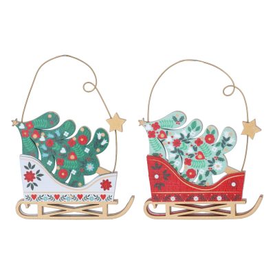Gisela Graham Alpine White/Red Sleigh with Tree Wood Decoration, 2 Assorted