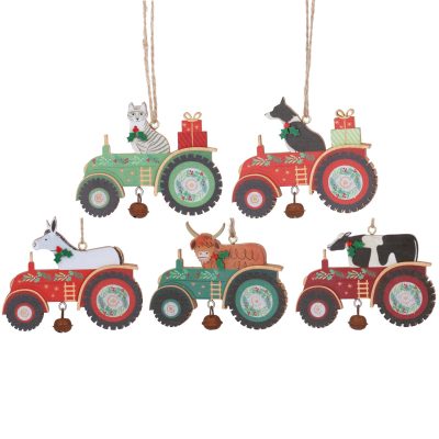 Gisela Graham Wood Animals in Tractor Decoration, 5 Assorted