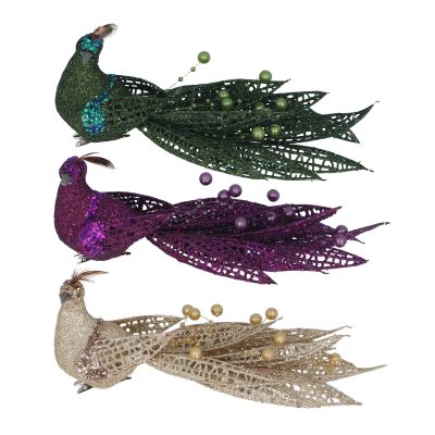 Gisela Graham Green/Plum/Gold Peacock Clip, 3 Assorted