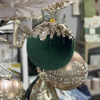 Gisela Graham Green Velvet Ball with Gold Cascade