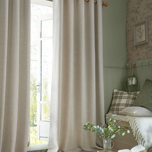 Laura Ashley Milbourne Herringbone Truffle-Natural Readymade Eylet Curtains main