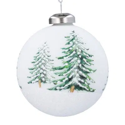Gisela Graham Matt White Glass Ball with Printed Fir Trees