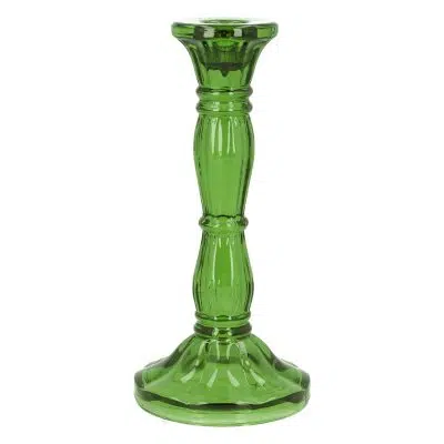 Gisela Graham Glass Candlestick 20cm - Green Moulded