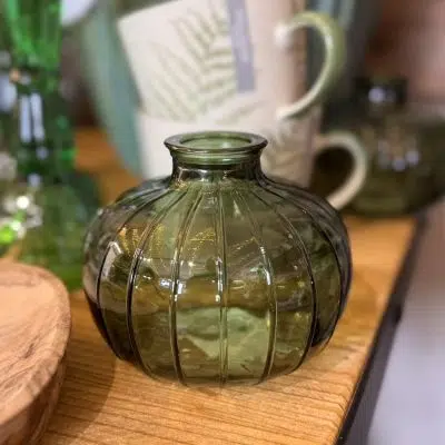 Gisela Graham Emerald Green Glass Ribbed Onion Bud Vase