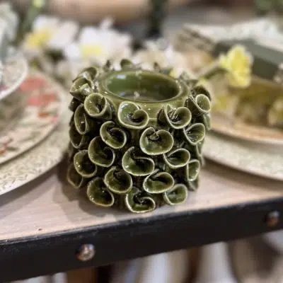 Gisela Graham Ceramic T-Lite Holder 12cm - Antiqued Green Pixie Lichen