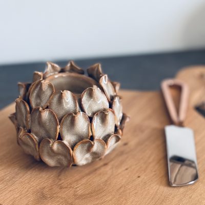 Taupe squat artichoke candle holder