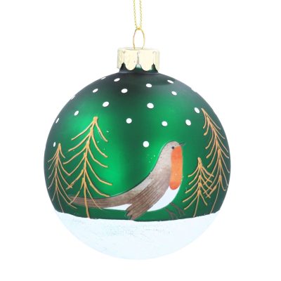 Gisela Graham Glass Bauble 8cm - Matt Green with Robin/Trees