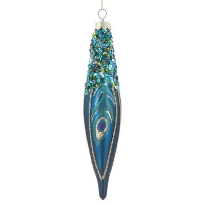 Gisela Graham Glass Hanging Dec 18cm - Matt Blue Peacock Glass Olive