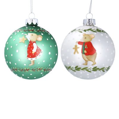 Gisela Graham Glass Bauble 8cm - Matt Green/Matt White Holly/Alfie Mouse, 2as