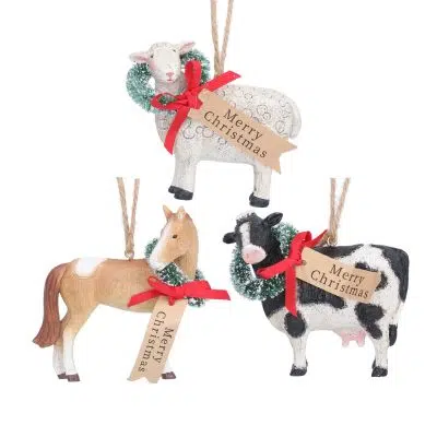 Gisela Graham Resin Hanging Decoration 9cm - Horse/Sheep/Cow w Wreath & Tag, 3as