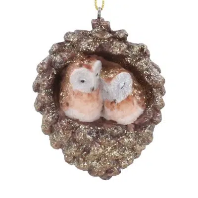 Gisela Graham Resin Hanging Decoration 6cm - Owls in Pinecone