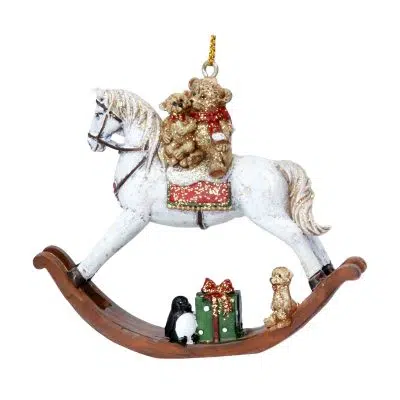 Gisela Graham Resin Hanging Decoration 8cm - Teddies on Rocking Horse