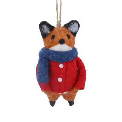 Gisela Graham Wool Decoration 10cm - Fox w Red Coat/Blue Scarf