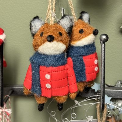 Gisela Graham Wool Decoration 10cm - Fox w Red Coat/Blue Scarf