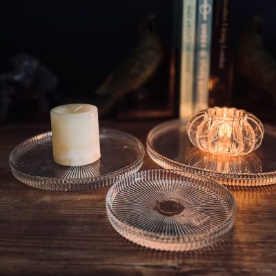 Set of 3 Ribbed Glass Candle Plates