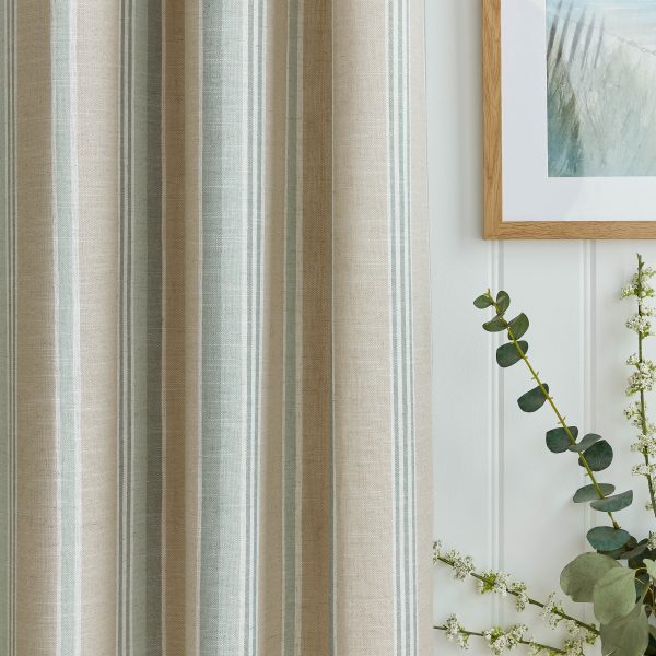 Laura Ashley Wickham Stripe Sage-Natural Readymade Lined Eyelet Curtains close up