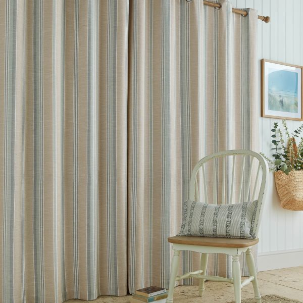 Laura Ashley Wickham Stripe Sage-Natural Readymade Lined Eyelet Curtains closed