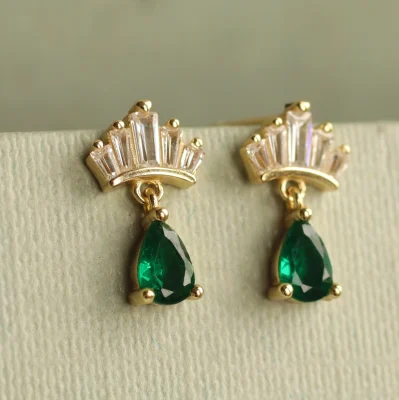 Silk Purse, Sow's Ear Emerald Green Gold Vermeil Crown Stud Earrings