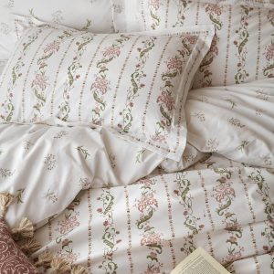 Heritage Royal Palaces Waistcoat Stripe Clay Pink Sage Bedding Set close up
