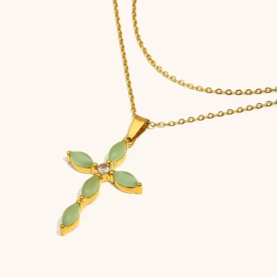 Misgraceful Green & Gold Cross pendant on white background