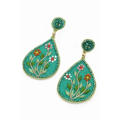 My Doris Blue Embroidery Folk Floral Teardrop Earrings