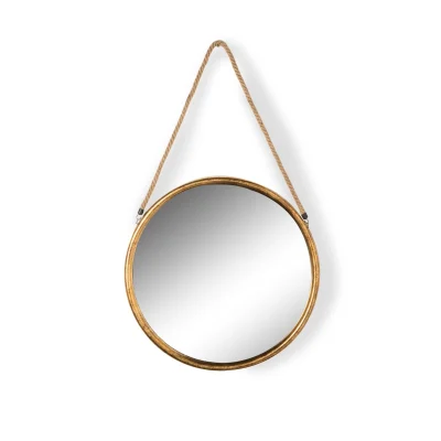 Large Round Gold Metal Mirror On Hanging Rope with Hook