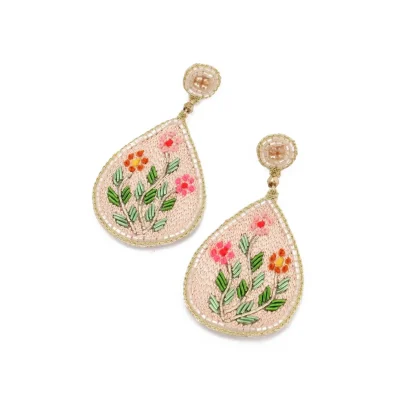 My Doris Cream Embroidery Folk Floral Teardrop Earrings Cream
