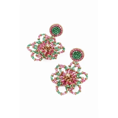 My Doris Pink and Green Beaded Flower Earrings
