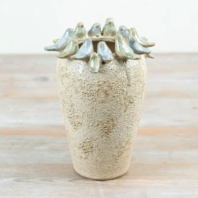 Stone Rustic Bird Vase, Neutral Pastels 22cm