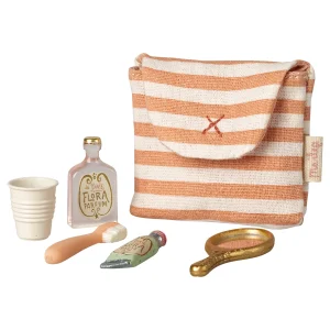 Maileg Toothbrush set in bag, Mouse - Coral stripe
