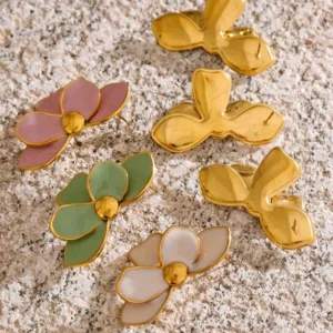 Misgraceful Enamel Flower Earrings - Pink on stone background showing earring back