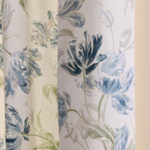 Laura Ashley Gosford Heritage Blue Readymade Pencil Pleat Curtains close up for detail