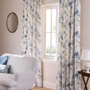 Laura Ashley Gosford Heritage Blue Readymade Pencil Pleat Curtains open