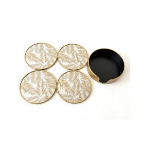 Set of 4 Tropical Leaf Round Coasters Antique Gold