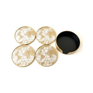 Set of 4 World Map Round Coasters Antique Gold