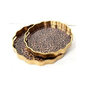Waved Set of 2 Brushed Gold Leopard Print Serving Trays