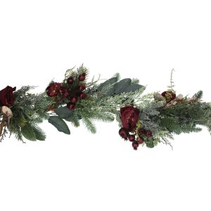 Gisela Graham Garland 180cm - Mixed Green Leaf/Red Rose