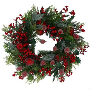 Gisela Graham Wreath 59cm - Beaded Pomegranate and Red Berry Fir
