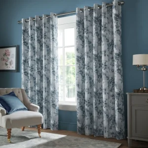 Laura Ashley Millhayes Smoke Blue Leaf Eyelet Blackout Curtains - Last Chance